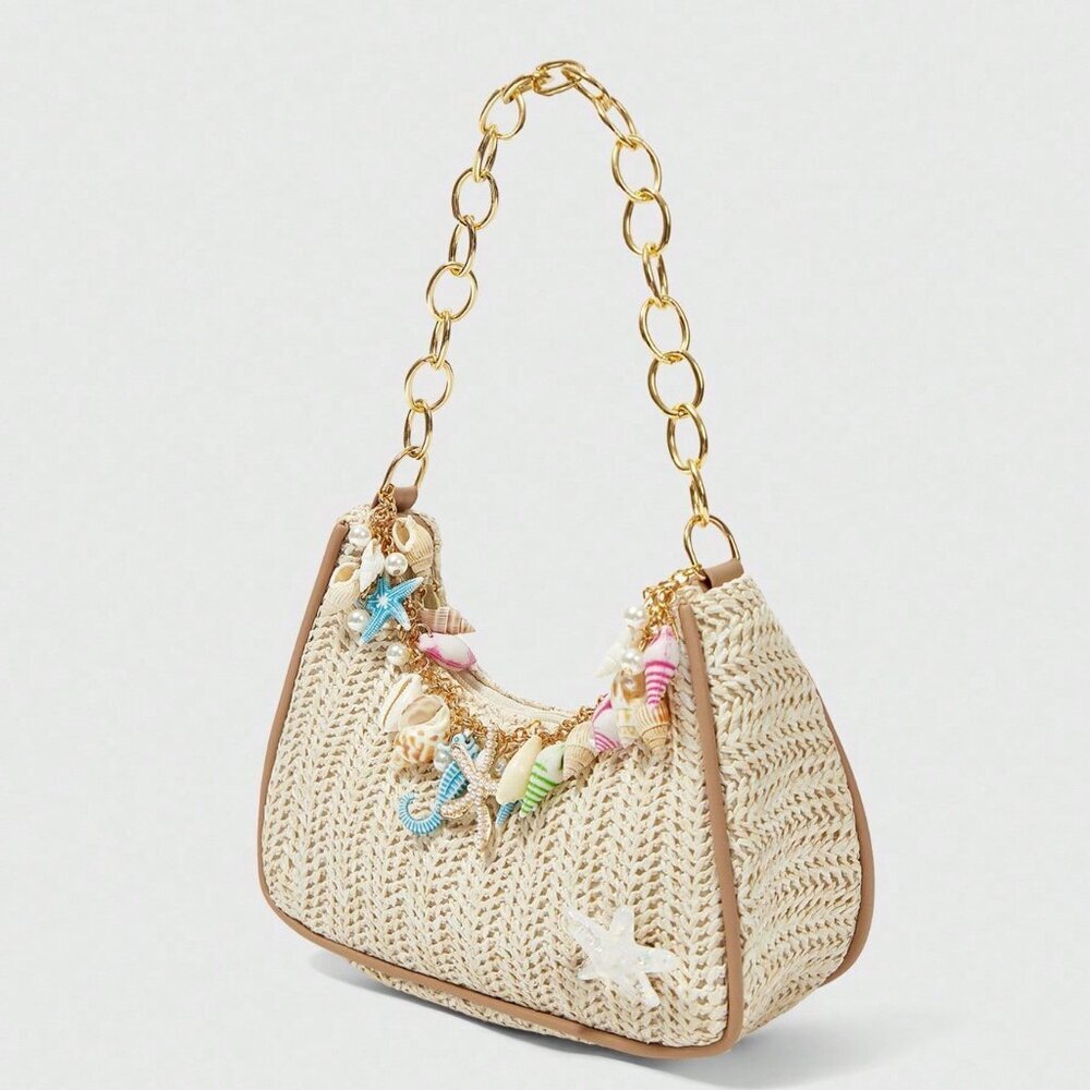 Multicolor Fairycore Women's Starfish Shell & Seashell Woven Shoulder Bag - Picture 2 of 6